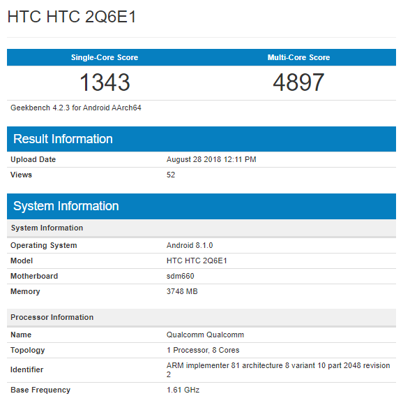 Смартфон HTC U12 Life протестирован еще до анонса