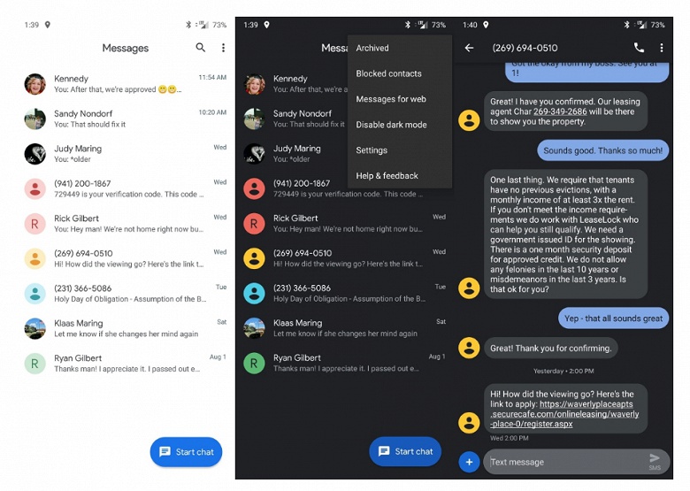 Приложение Android Messages получило обновлённый дизайн в белых тонах, но при этом обзавелось тёмной темой