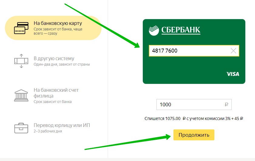 с Яндекс деньги на сбербанк карту