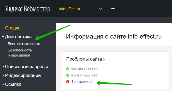 Диагностика сайта Яндекс Вебмастер