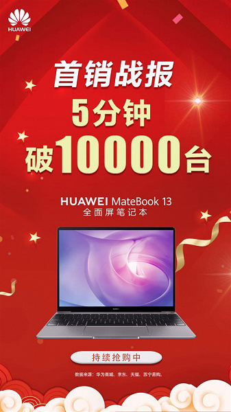 Всего за 5 минут Huawei продала 10 000 ноутбуков MateBook 13