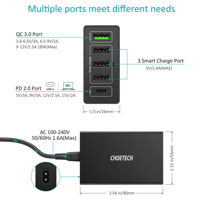 5 портовое зарядное устройство Choetech Q3-4U2Q (60W) с поддержкой Quick Charge 3.0 и PD