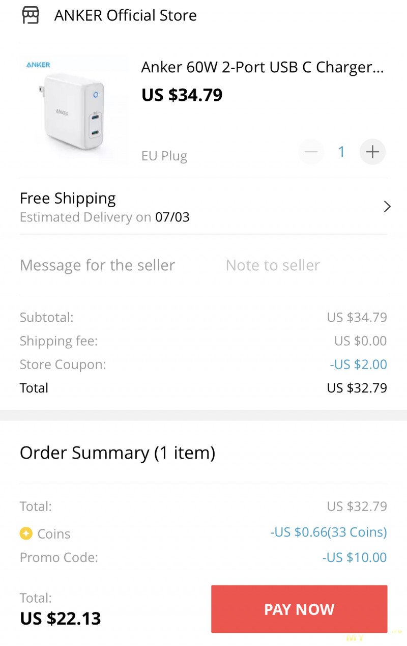 60W GaN зарядник от ANKER (2 Type-C выхода) за $22,13
