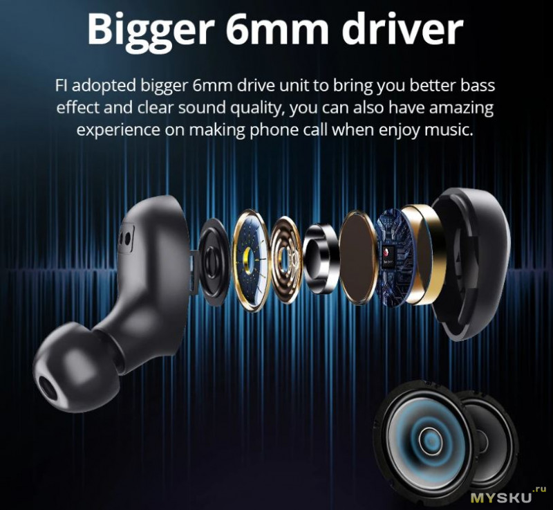 Беспроводные наушники Bluedio Fi TWS (Apt-X, Qualcomm 3020, до 5 часов воcпроизведения).