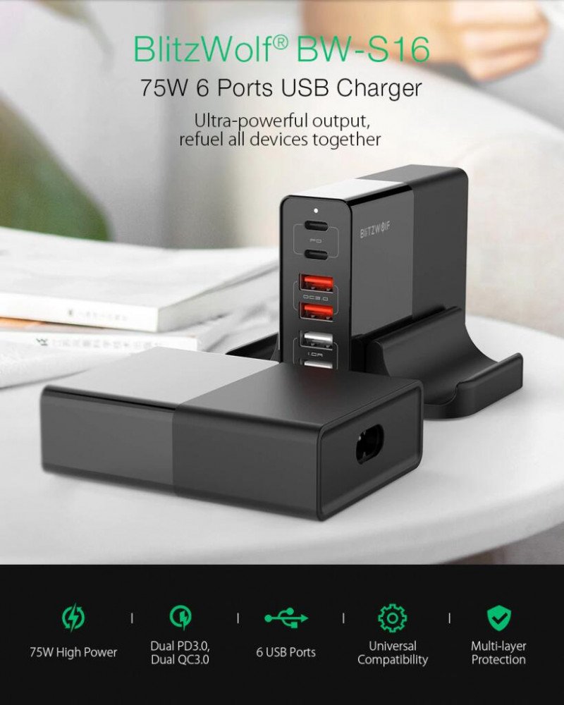 Зарядная станция BlitzWolf BW-S16 75Вт за 26.99$